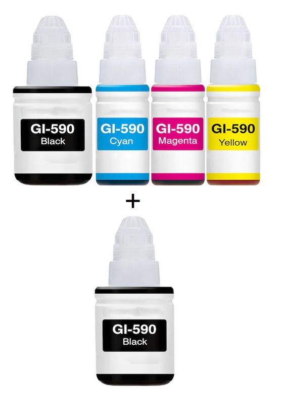 Compatible Canon GI-590 Full Set of Ink Bottles + EXTRA BLACK (2 x Black, /Cyan/Magenta/Yellow)